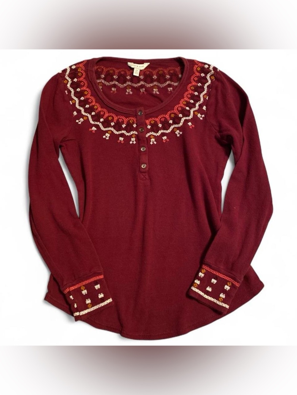 Lucky Brand Burgundy Embroidered Long-Sleeve Henley